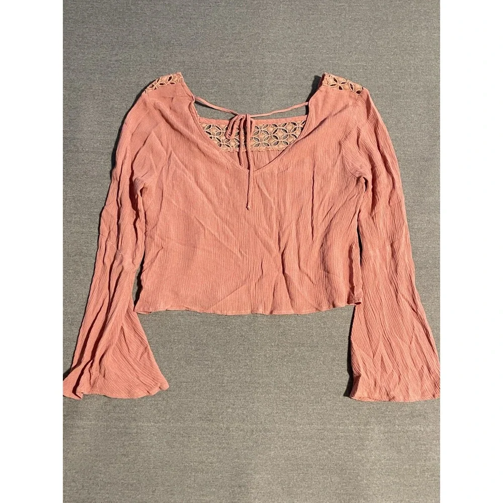 Charlotte Russe Pink Boho Crop Top Medium‎ Lace Detail Bell Sleeve